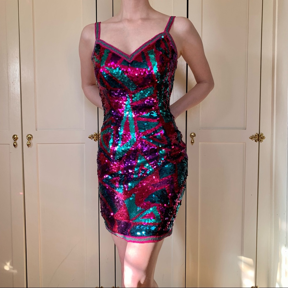 Alyce Designs vintage 80s multicolor sequin cocktail prom formal dress